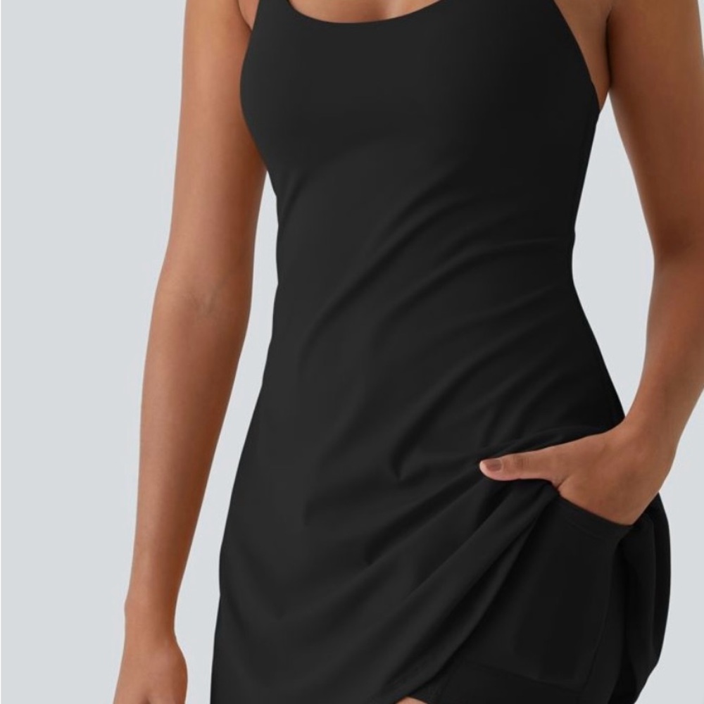 Qinsen Black Spaghetti Strap Sports Tennis Dress with built in shorts M